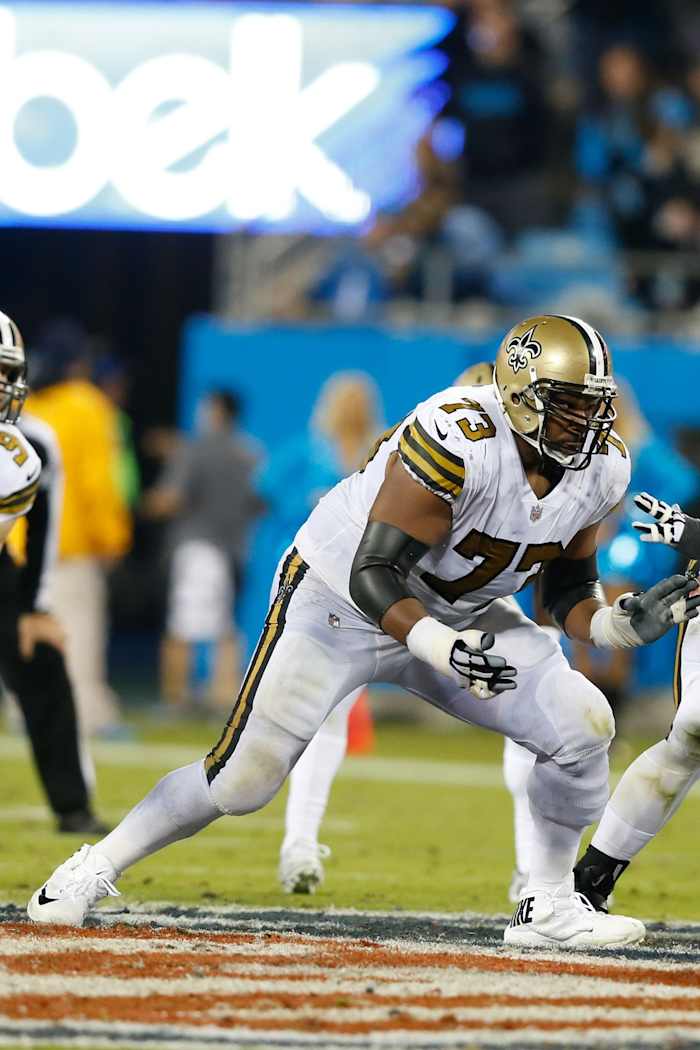 Nov 17, 2016; New Orleans Saints offensive guard Jahri Evans (73) blocks against the Carolina Panthers. Mandatory Credit: Jeremy Brevard-USA TODAY Sports